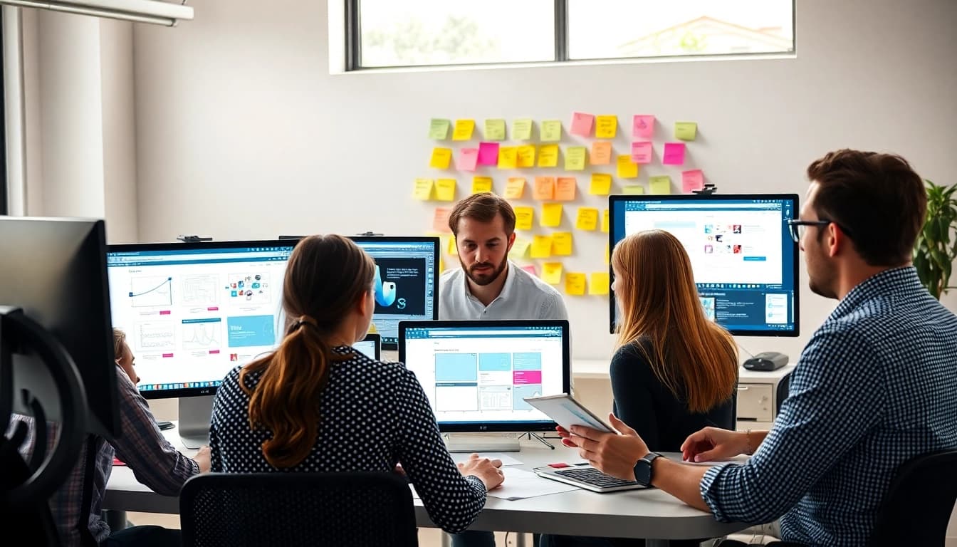 Web designers essex collaborating in a modern office, showcasing creative teamwork and design elements.