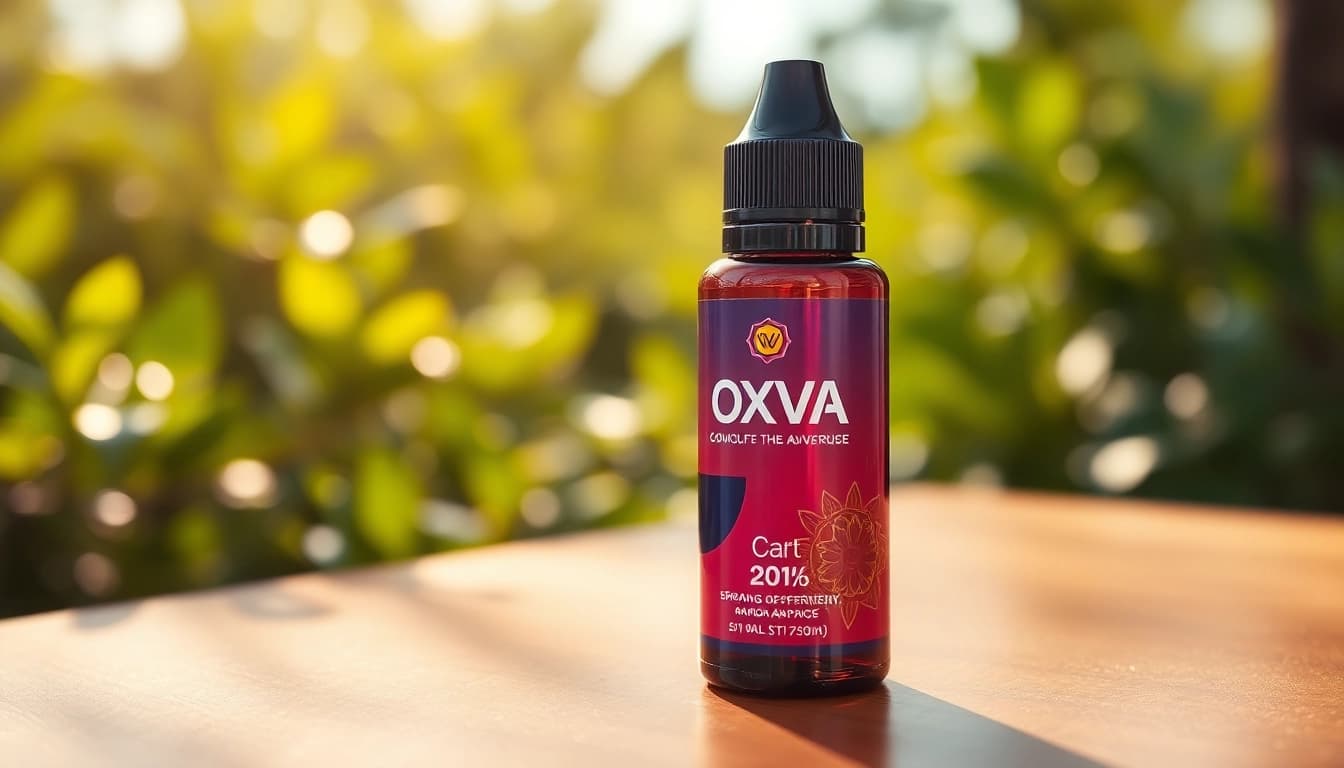 Oxva Liquid in a beautifully designed bottle on a wooden surface, showcasing its vibrant colors.