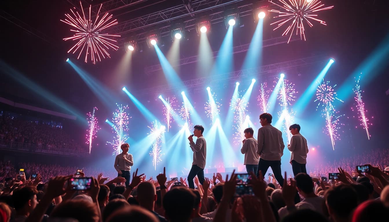 BTS news highlights Jungkook performing live with vibrant stage lights and energetic atmosphere.