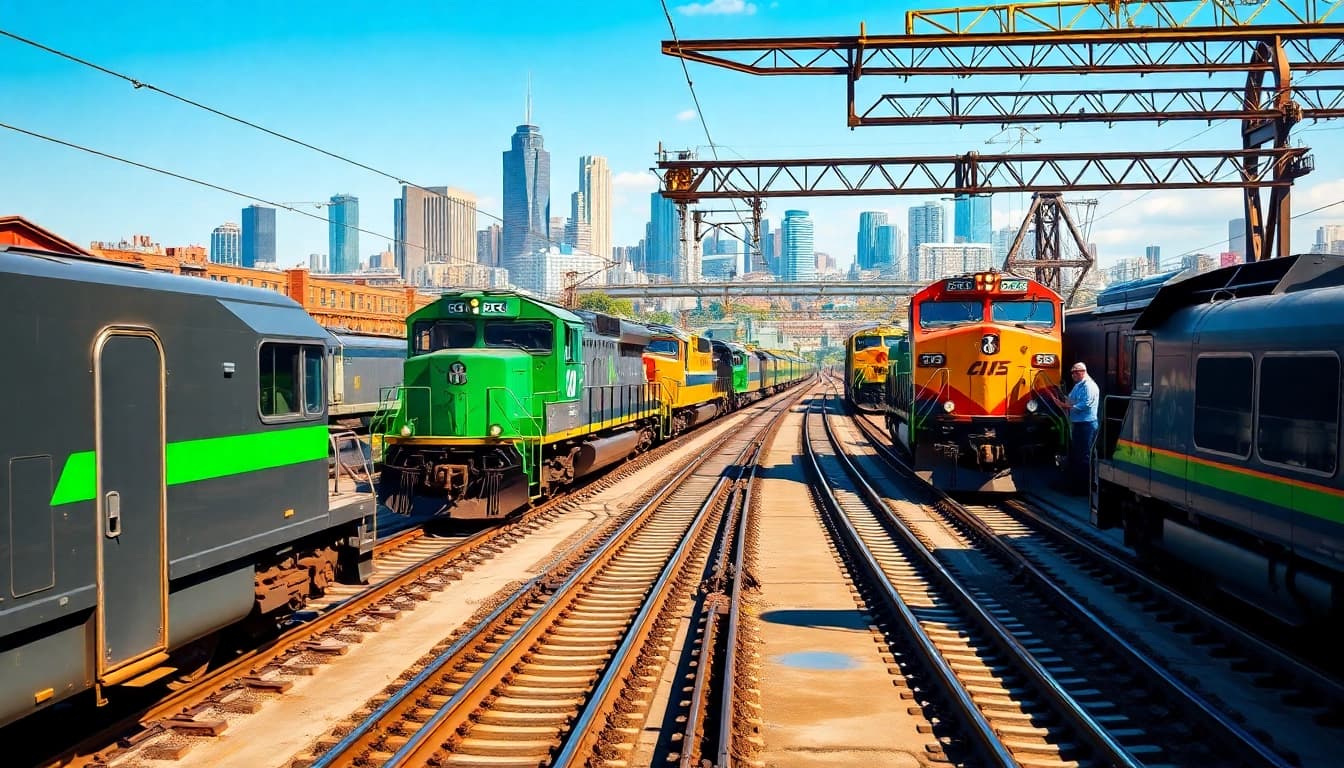 Visual of North American rail solutions in a dynamic train yard illustrating operational efficiency.
