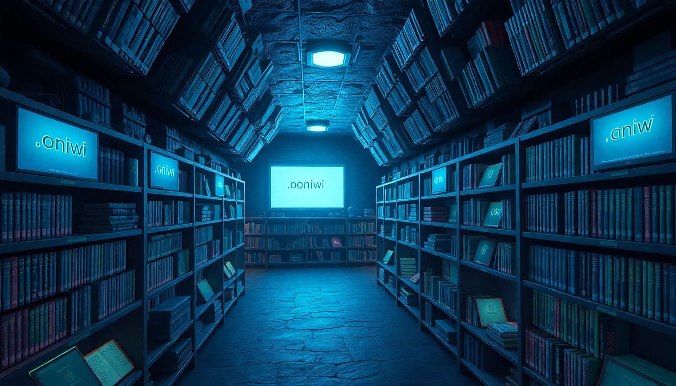 Discover the hidden wiki in a digital underground library showcasing .onion URLs and dark web elements.