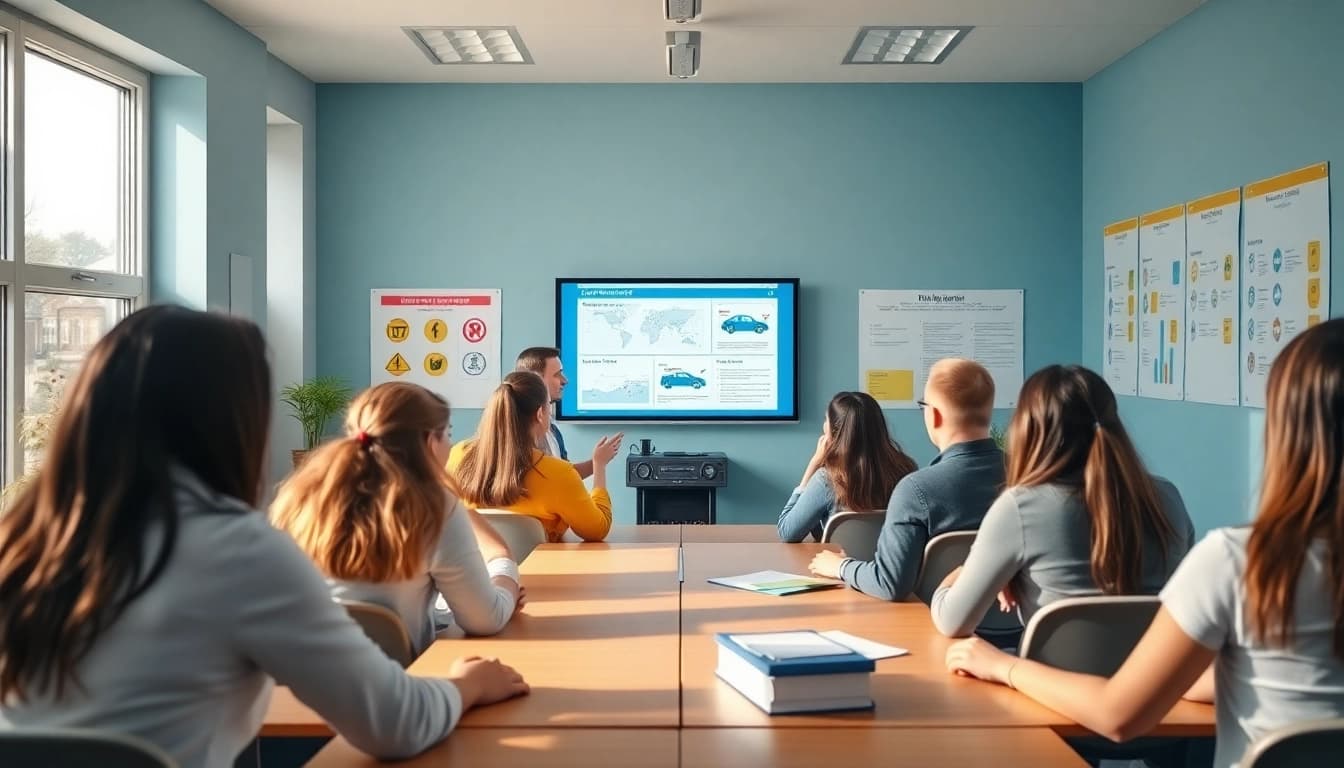 Rijbewijs kopen classroom scene with diverse students learning driving theory.