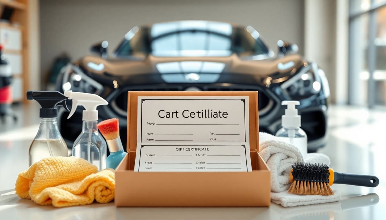 Car detailing gift certificate displayed in an elegant box showcasing meticulous detailing tools.