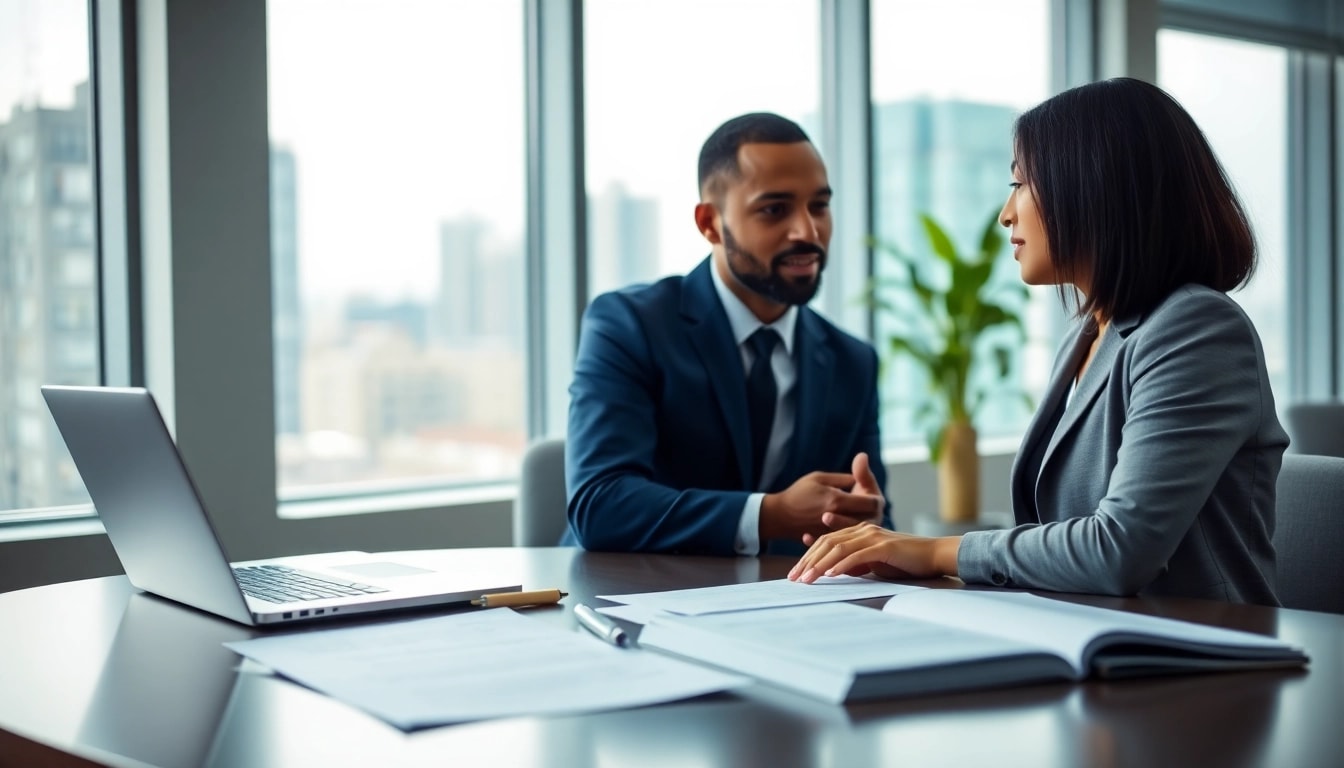 Couple discussing Family Law Financial Agreements with documents in a modern office.