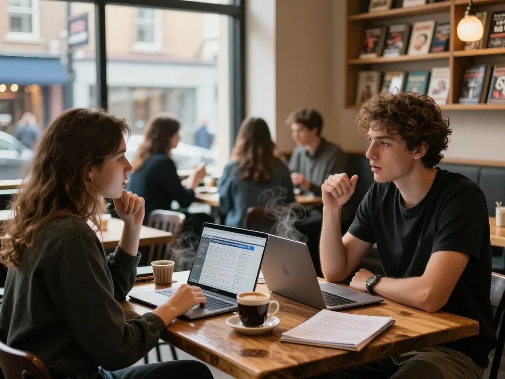 Young adults facing serious political debates in a cozy café setting, engaged and focused.