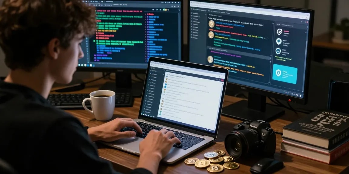 Exploring verified darknet market links 2026 on a laptop with security tools and cryptocurrency charts in a dimly lit room.