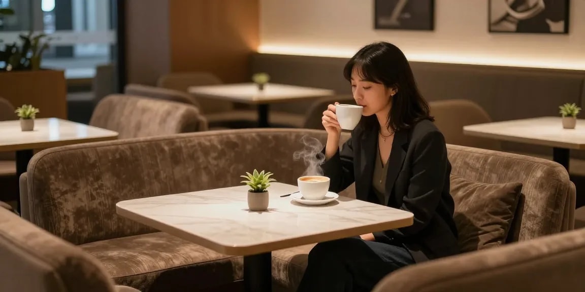 강남쩜오에서 편안하게 대화하는 모습의 고객과 현대적인 인테리어