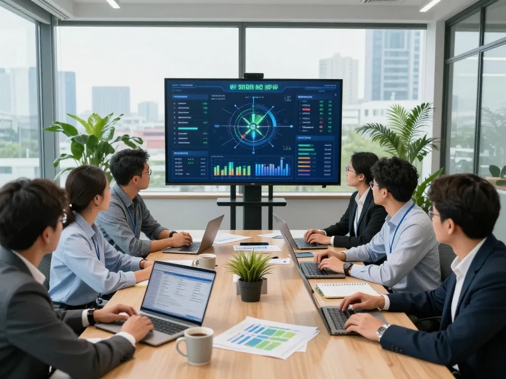 Schneider team collaborating in an innovative energy workspace with sustainability analytics.