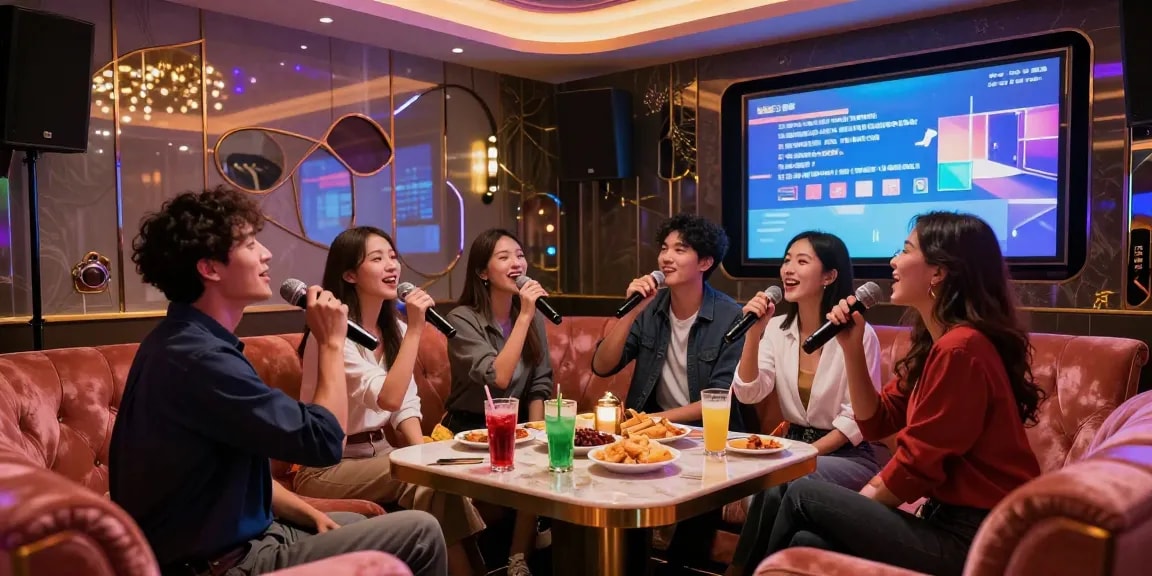 강남가라오케의 프리미엄 분위기에서 친구들과 함께 즐거운 시간을 보내는 장면