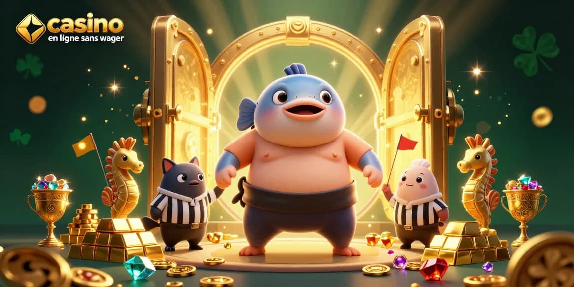 Illustration dynamique représentant un fugu géant dans un ring sous-marin, explorez le casino en ligne sans wager.