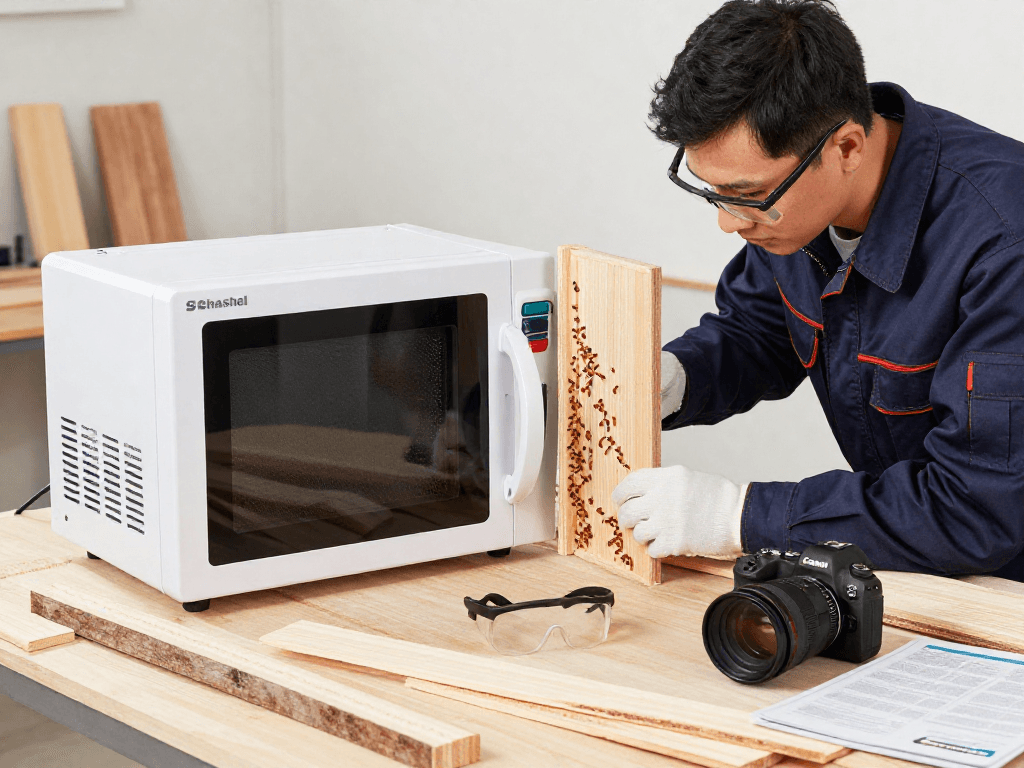 Shashel technician effectively using microwave technology for pest control in a professional workshop setting.