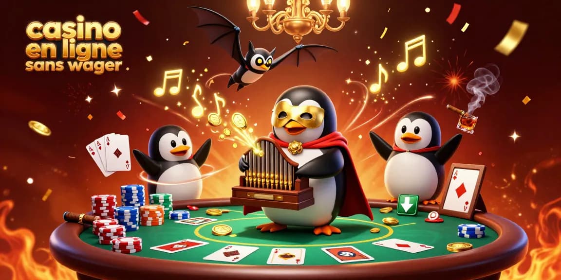 Illustration dynamique d'un casino en ligne sans wager avec un pingouin jouant de l'orgue et déversant des pièces d'or.