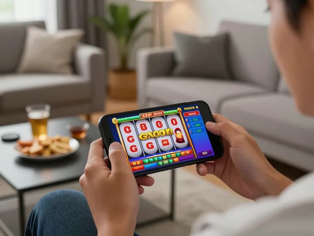 Engaging mobile player enjoying slot gacor game on smartphone at home, showcasing vibrant interface and casual atmosphere