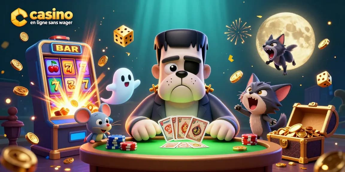 Profitez d'une ambiance palpitante avec le casino en ligne sans wager, illustrant un bulldog et un chat loup dans un monde ludique.