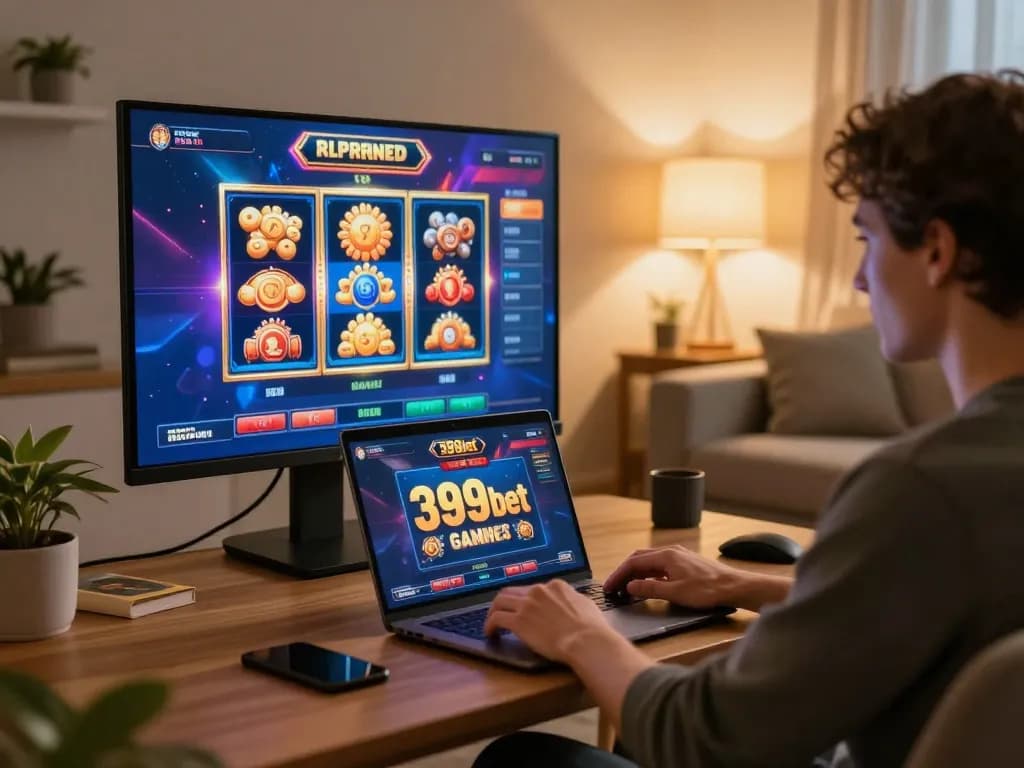 Engaging in online gaming with 388bet casino on a laptop in a cozy home setting