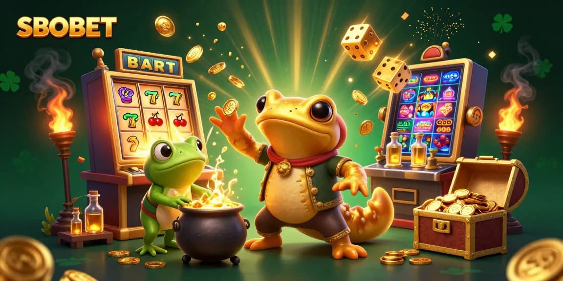 SBOBET players enjoying a vibrant online gaming experience with golden themes and casino elements
