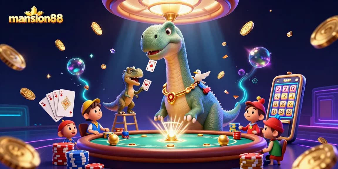 Bet on mansion88 with a large cartoon brontosaurus overseeing an exciting casino scene.