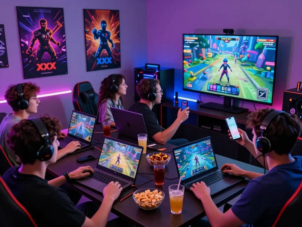 Exciting scene of friends playing an interactive xxx game on multiple devices in a vibrant gaming room.
