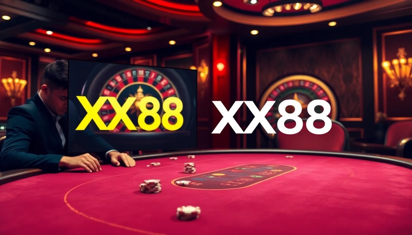 Experience gameplay excitement at xx88 with intense poker bets and a classic roulette wheel.