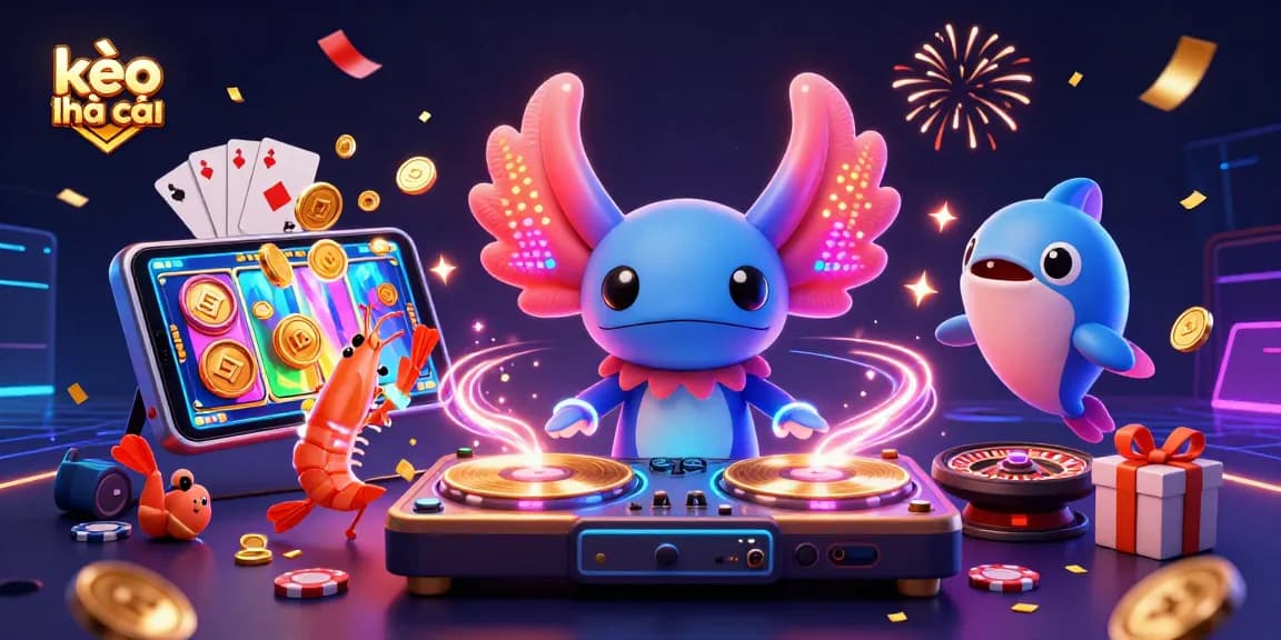 Visualize kèo nhà cái with vibrant scenes of a DJ axolotl, dancing shrimp, and gaming elements.