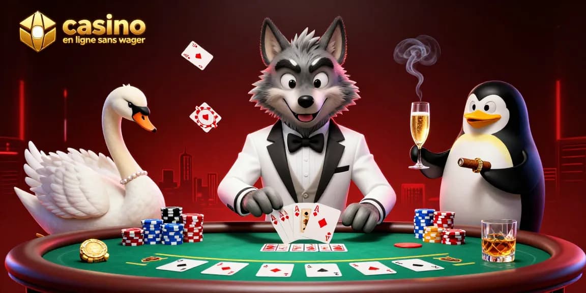 Illustration artistique représentant le casino en ligne sans wager, avec un loup élégant jouant au baccarat, un cygne distribuant les cartes et un pingouin sommelier servant du champagne.