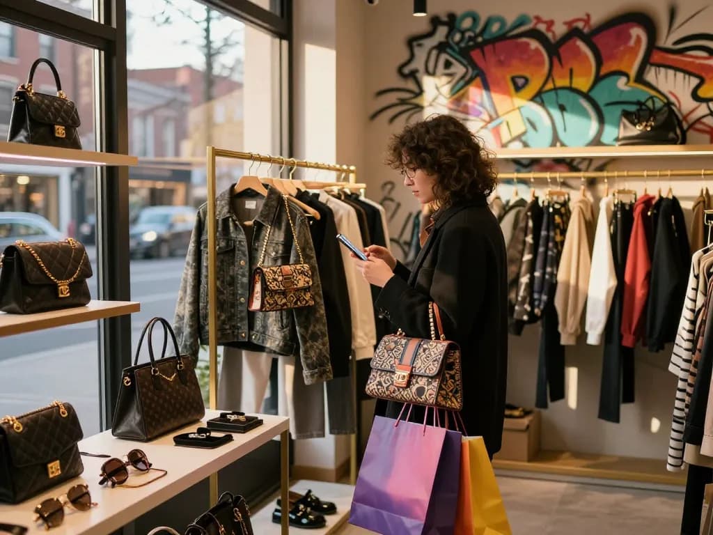 Shopping for high-quality 레플리카 items in a chic urban boutique.