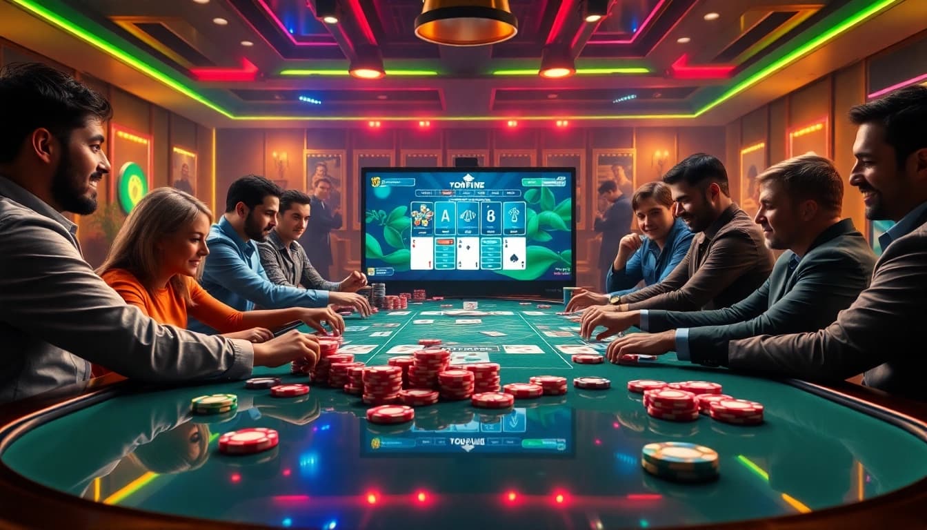 Pemain yang terlibat dalam kompetisi poker online di meja virtual mewah dengan chip dan kartu berwarna-warni.