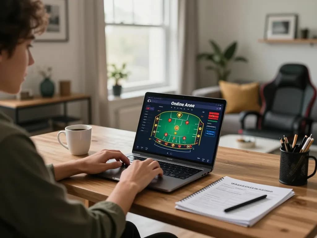 Engaging in online gambling strategy at the best widget store with a laptop showing blackjack gameplay.