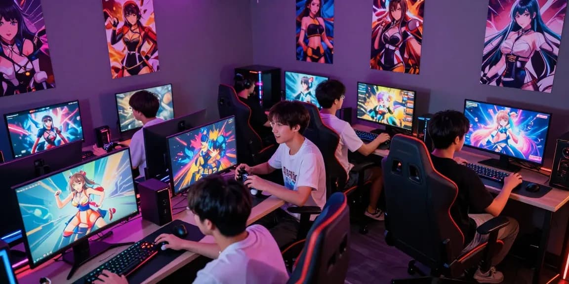 Players enjoying hentai game in a colorful gaming lounge filled with vibrant screens and neon lights.