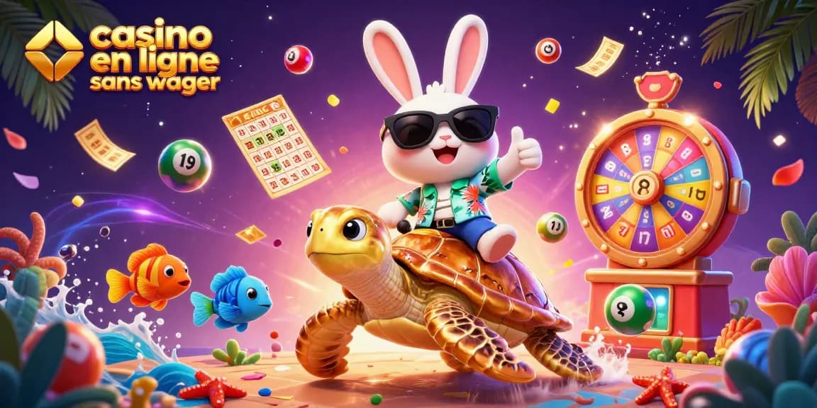 Image dynamique présentant un casino en ligne sans wager avec un lapin chanceux et une tortue dorée.