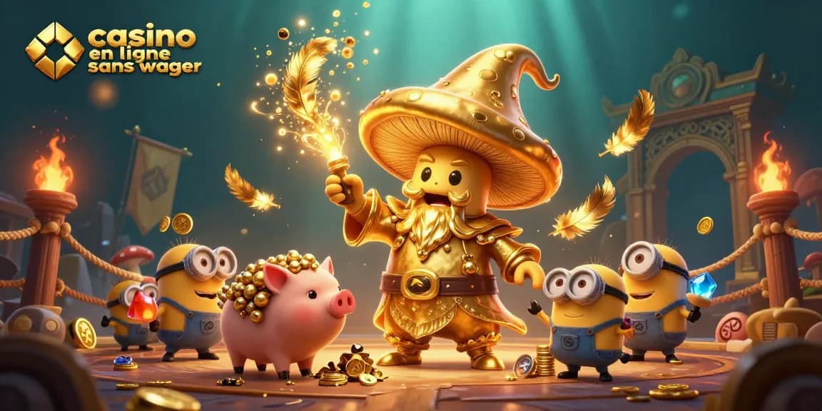 Profitez de l'action passionnante du casino en ligne sans wager avec un mage doré et des joyaux scintillants.