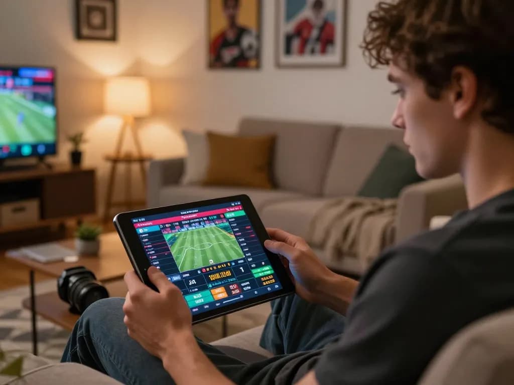 Cakhiatv user engaged in live sports betting on tablet, analyzing odds and match data.