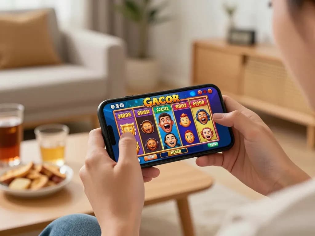 Engaging gameplay on a slot gacor app with excitement and snacks around.