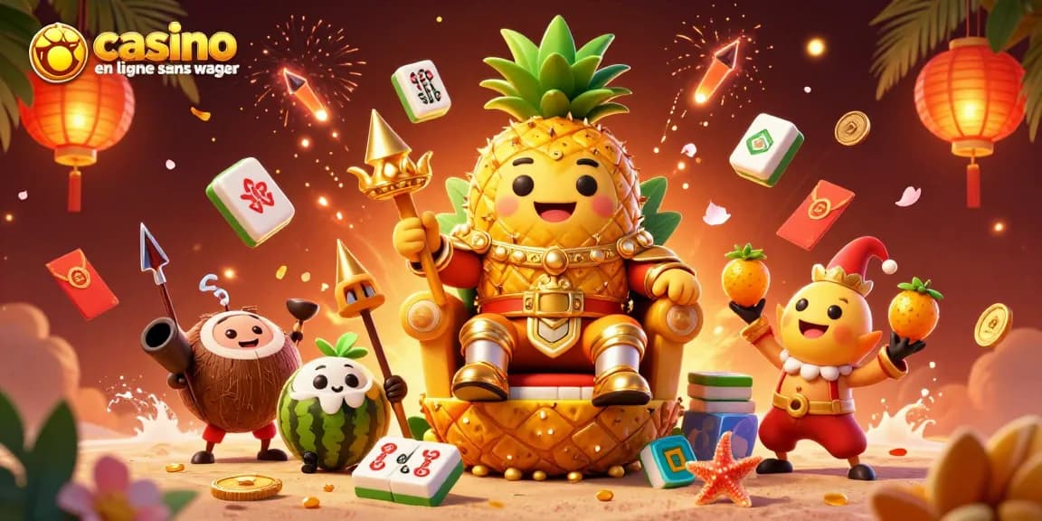 Jouez au casino en ligne sans wager avec le roi ananas et ses gardes sur une plage colorée.