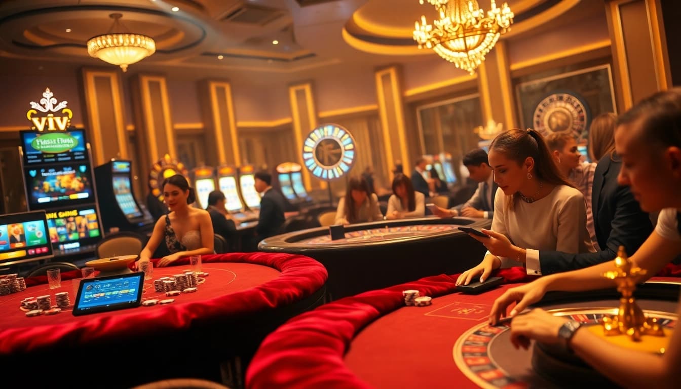 Khela88 VIP players enjoying a luxurious casino experience with poker chips, tables, and online interfaces.