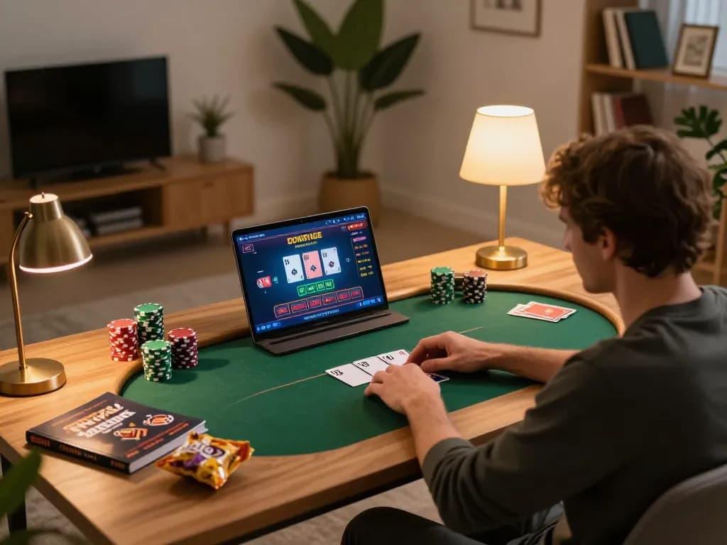 Player engaging in online poker gameplay at home, featuring the uu88ae platform and strategic betting.