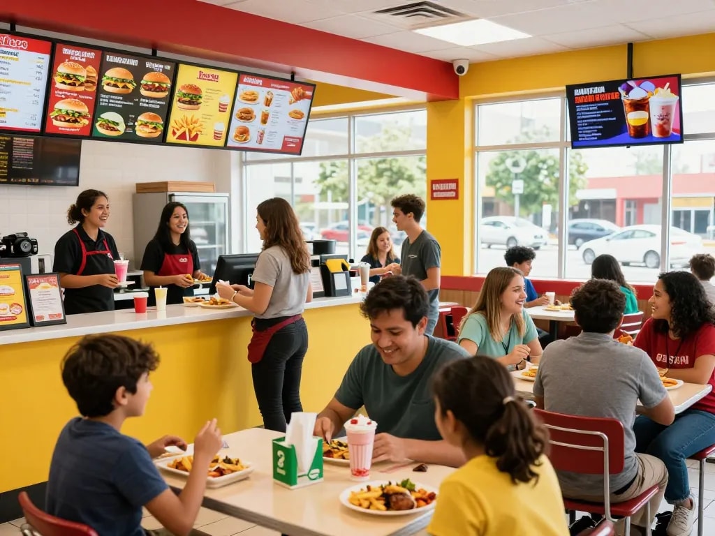 Fast food menu displayed at a vibrant restaurant with customers enjoying meals