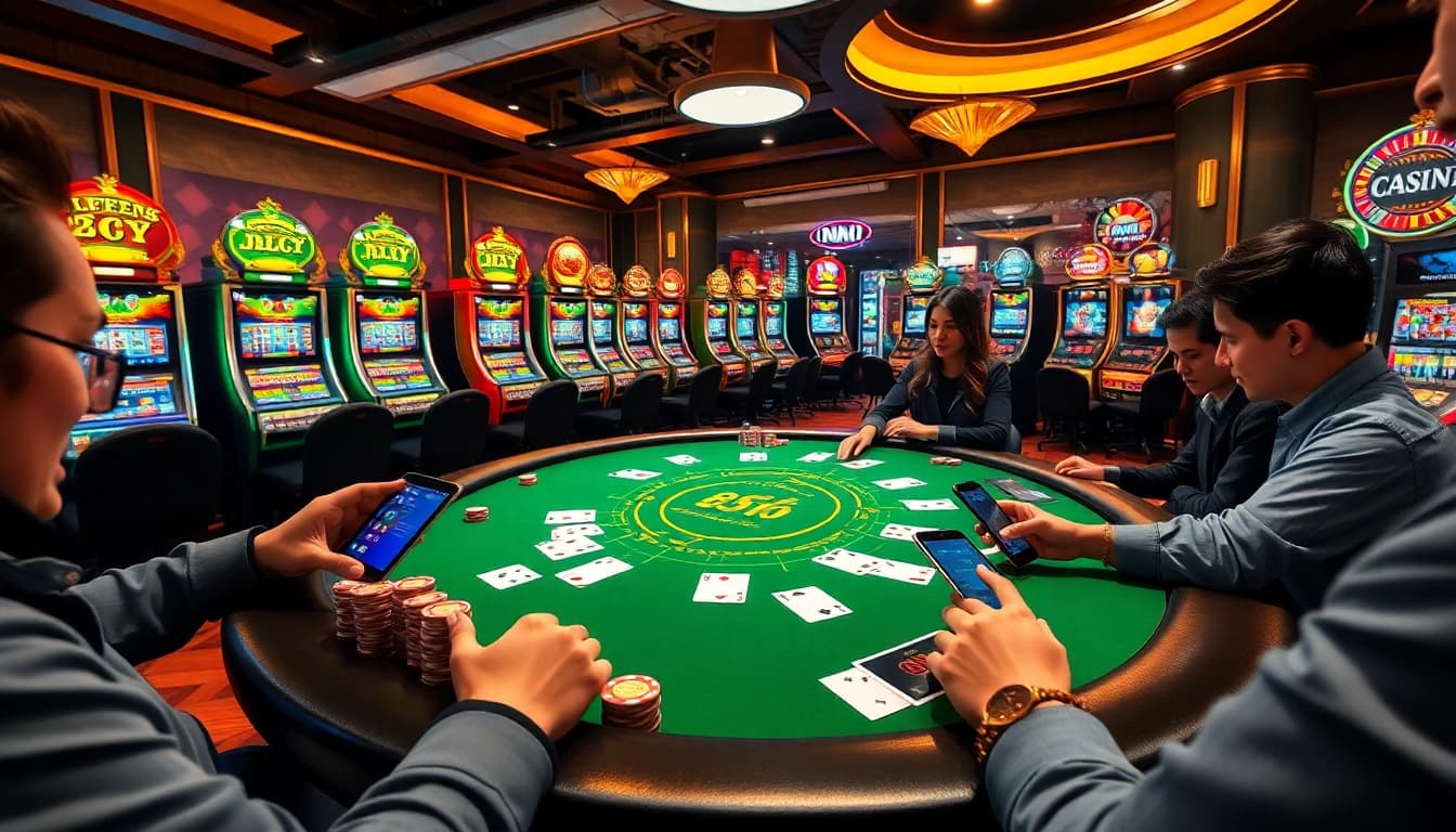 IDN Poker enthusiasts engaging in an online poker game with vibrant chips and cards in a luxurious virtual setting.