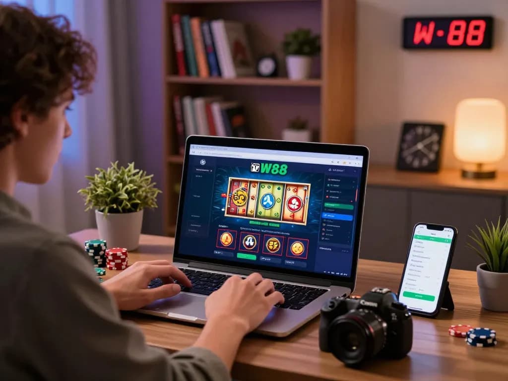 Engaging with Nhà Cái W88 online betting from a stylish home office.
