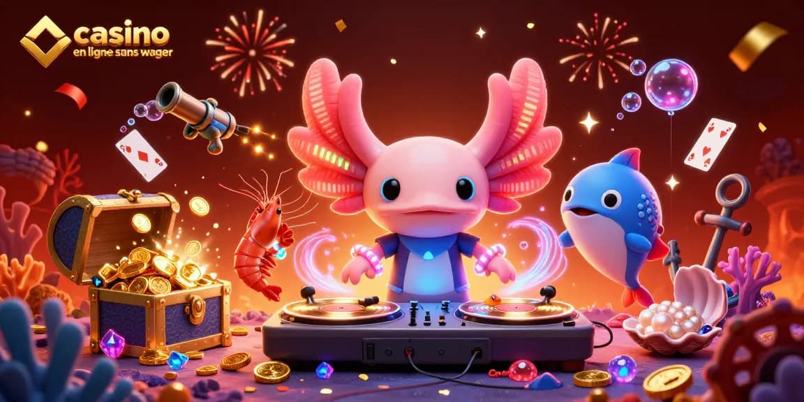 Découvrez le casino en ligne sans wager avec une illustration vibrante de DJ axolotl et événements festifs sous-marins.