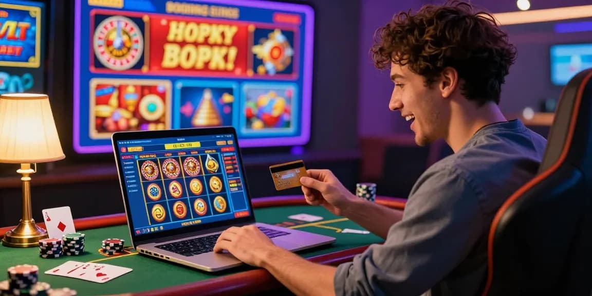 Exciting credit card casino reviews scene with a player engaging in vibrant online gaming.