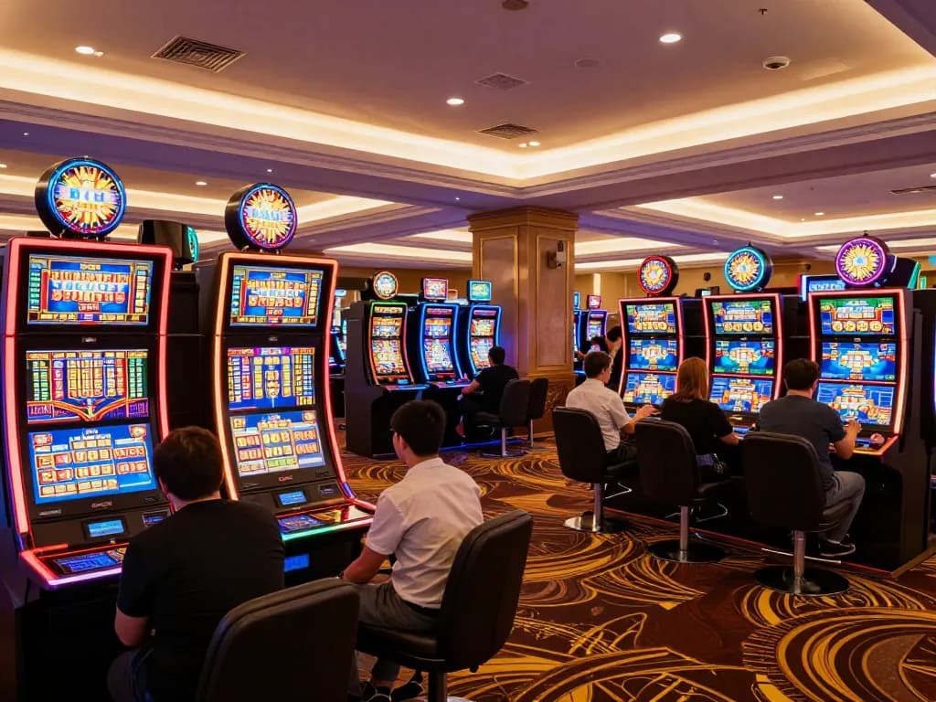 Players enjoying slot machines at FAFA828 casino, showcasing vibrant gaming atmosphere.