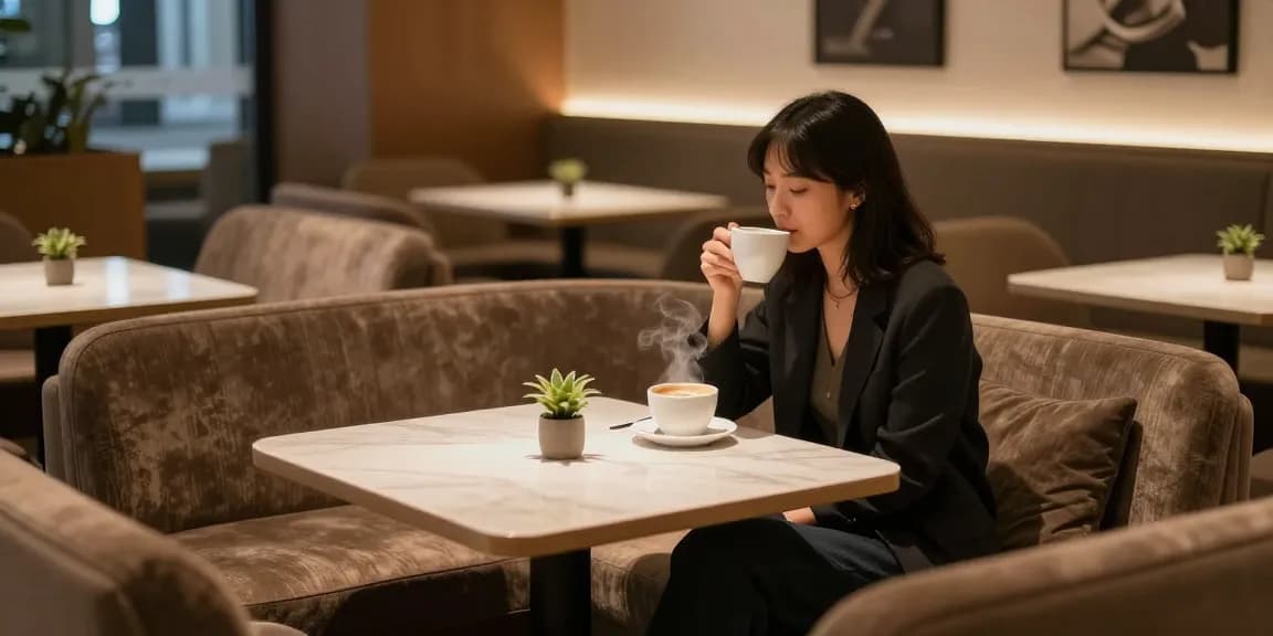 강남쩜오에서 편안하게 대화하는 모습의 고객과 현대적인 인테리어