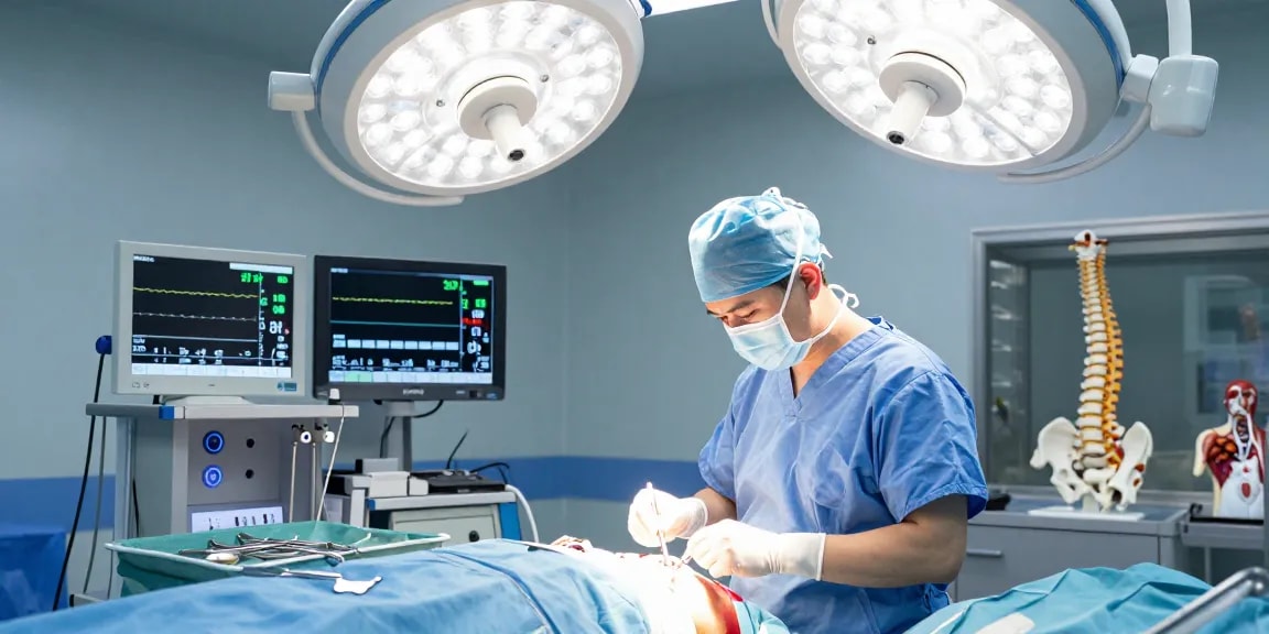 Dar kanal ameliyatı in a modern surgical theatre with a focused orthopedic surgeon and advanced equipment.