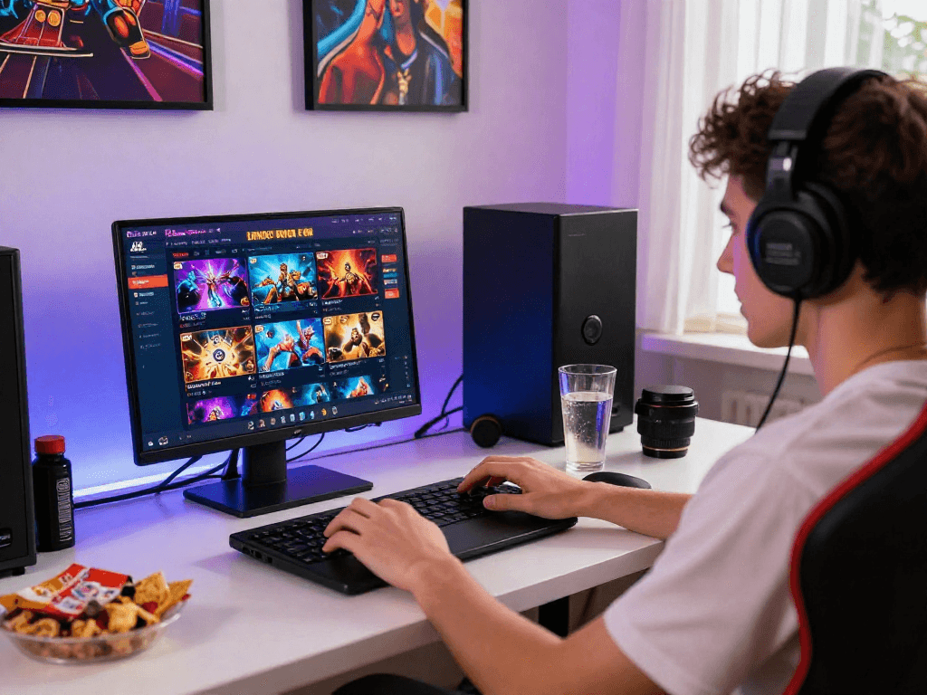 Engaging scene of a player enjoying european licensed online casinos at home with vibrant lighting and gaming setup.