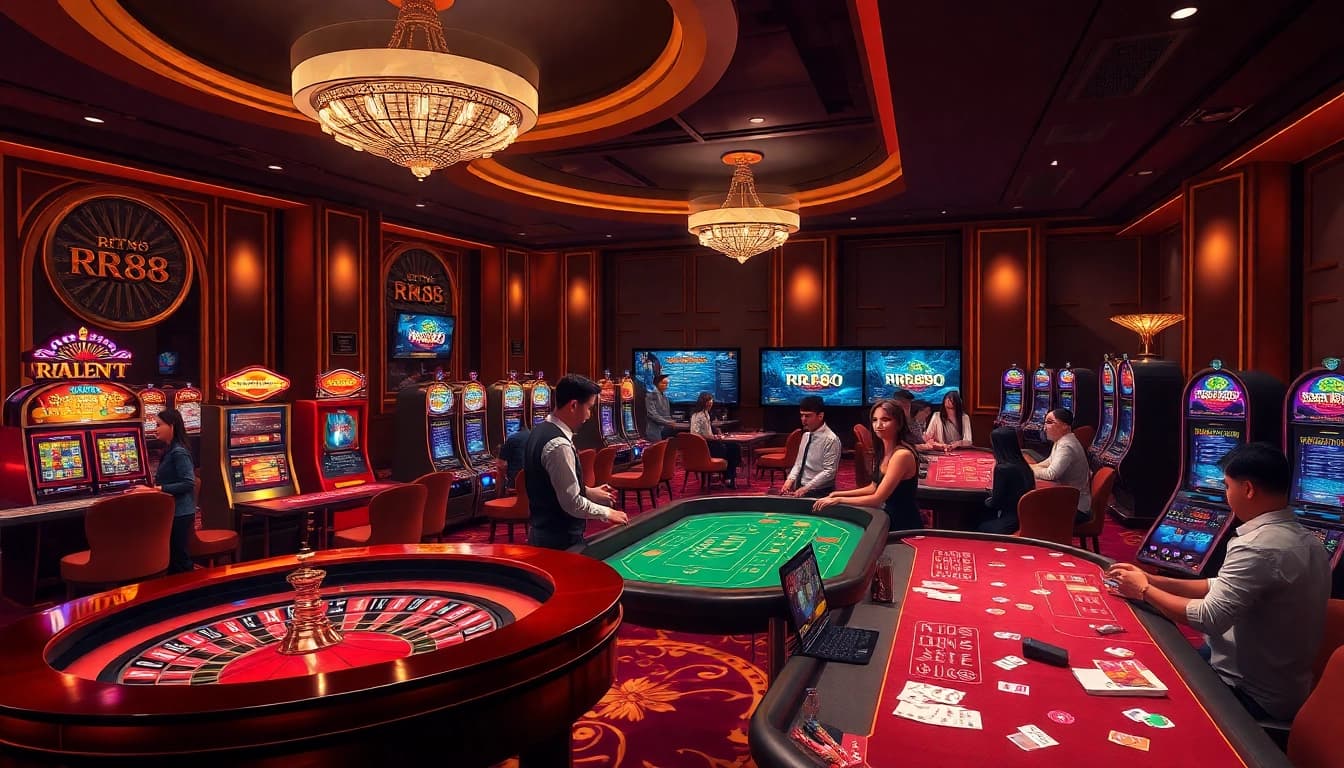Engage in thrilling gameplay at RR88 casino with vibrant slot machines and elegant roulette.