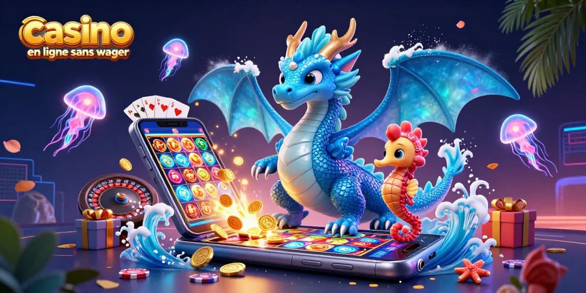 Jouez dans un casino en ligne sans wager, avec un dragon et un chevalier de mer entourés de jeux captivants.