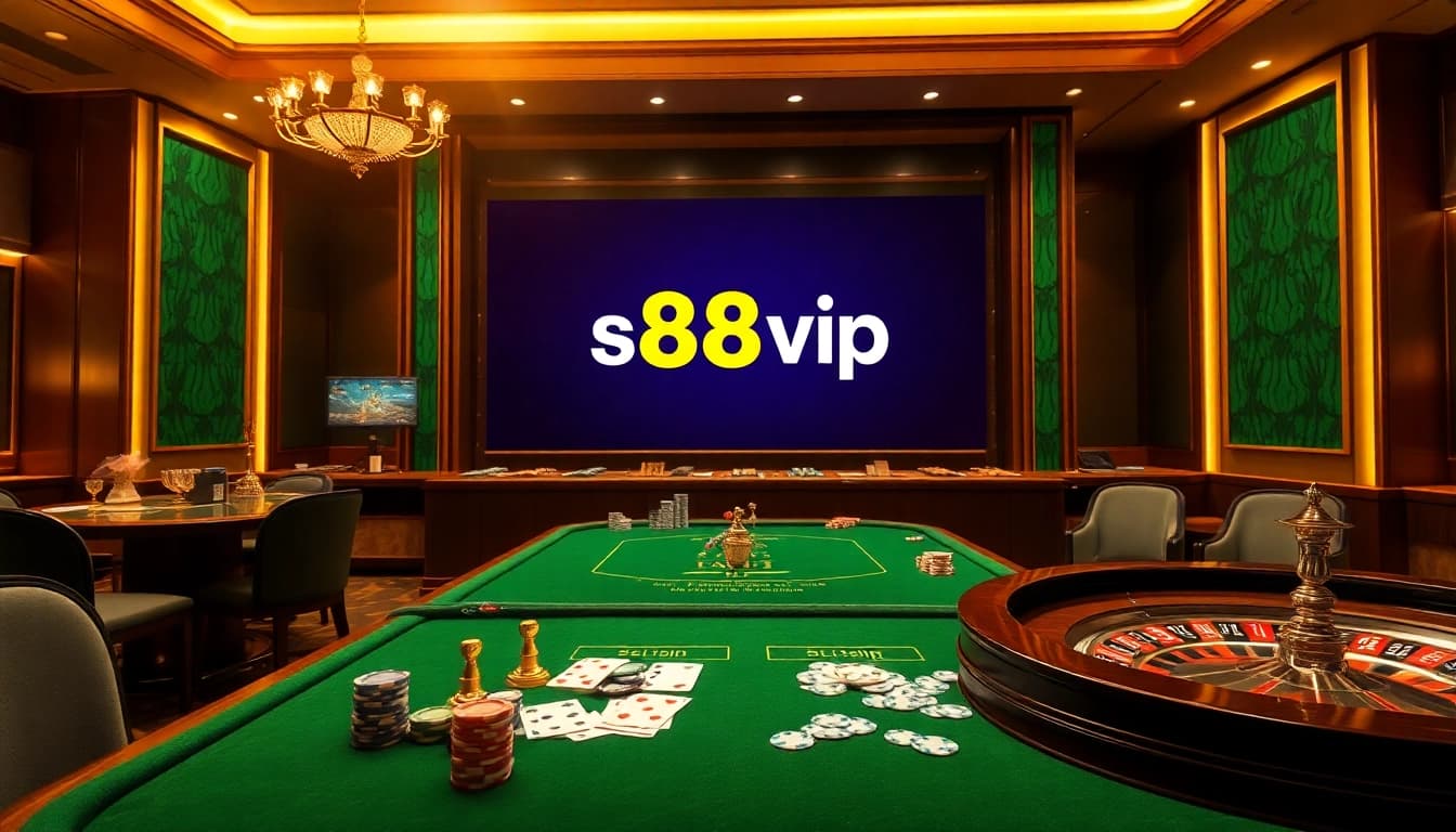 Engaged gamblers enjoying a dealer's game at s88vip, showcasing poker chips and cards.