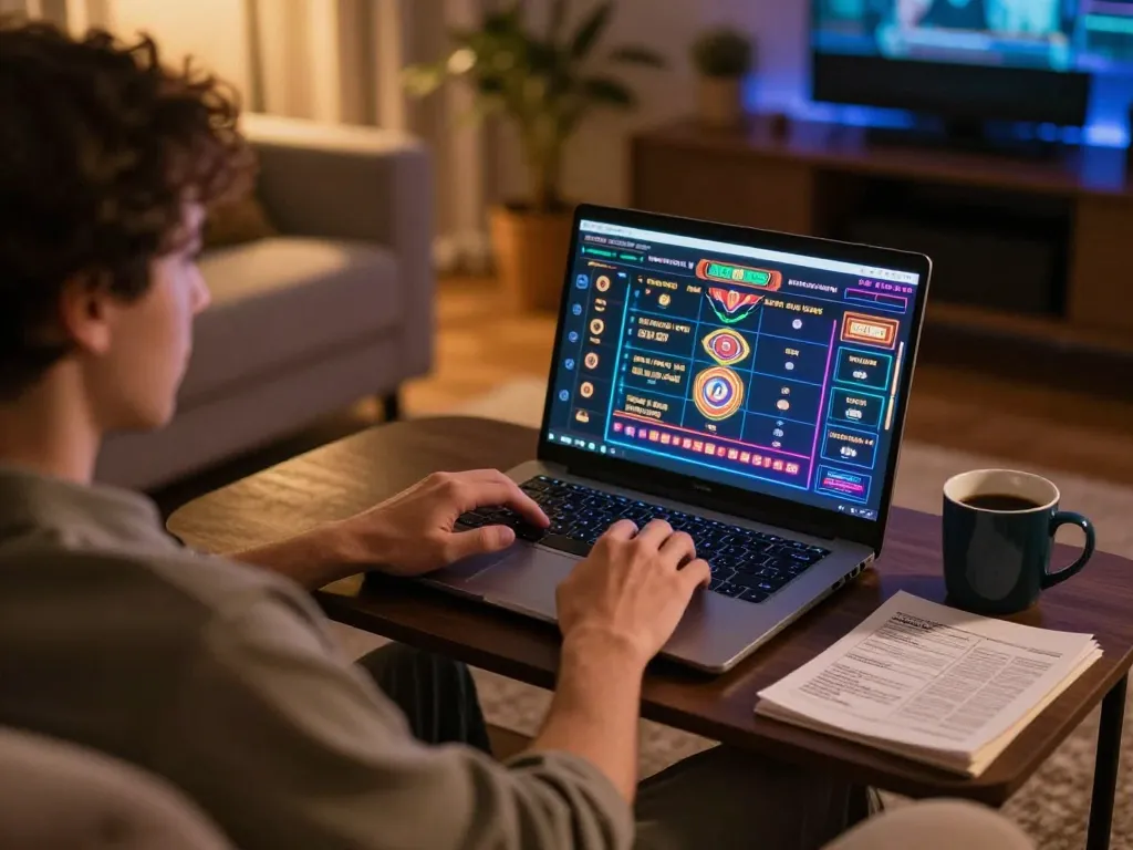 Engaging in online casino gameplay at dn88, showcasing vibrant game interface and cozy home setting.