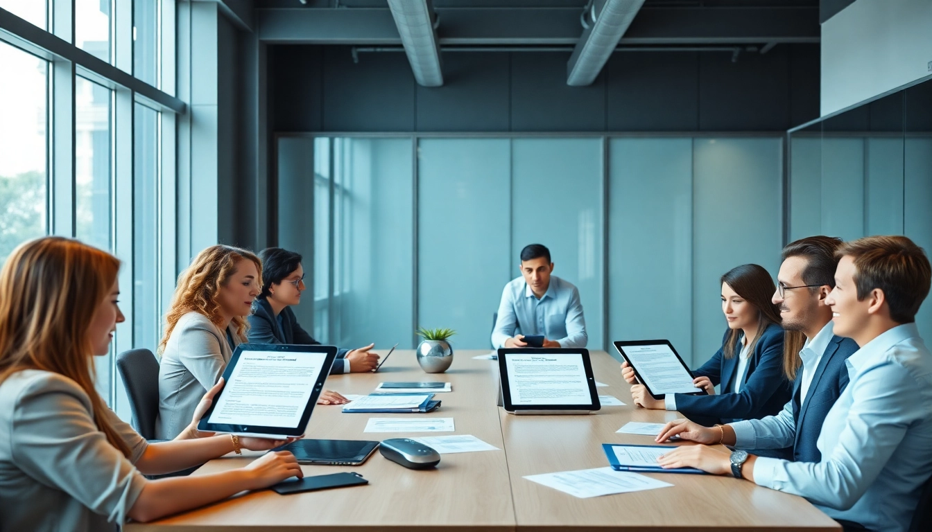 Dynamic professionals discussing Contract Management strategies in a modern office setting
